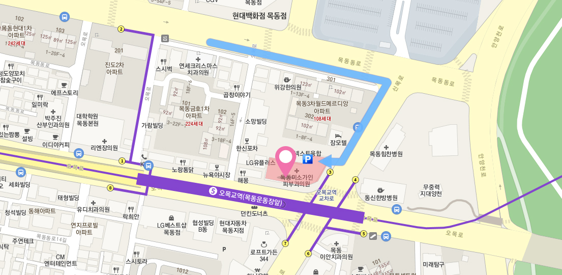 목동미소가인피부과 약도. 오목교역 3번 출구 앞 목동슬로우스퀘어 5층이며 현대백화점 방향에서 접근하는 주차장 진입 동선이 표시되어 있습니다.